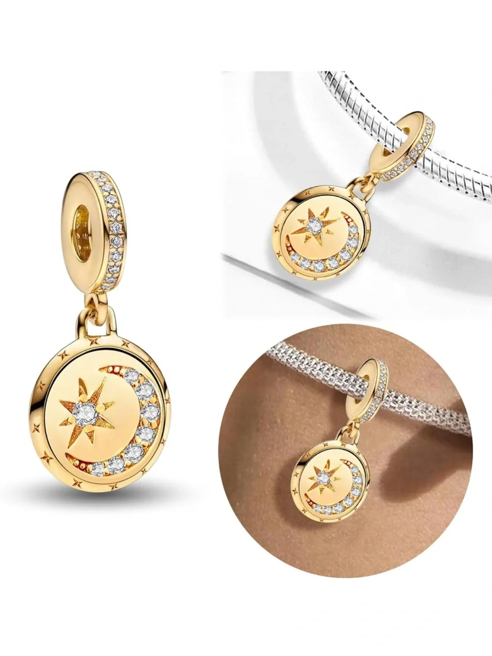 925 Gold Moon & Star Dangle Charm CZ Celestial I Love You Moon Back